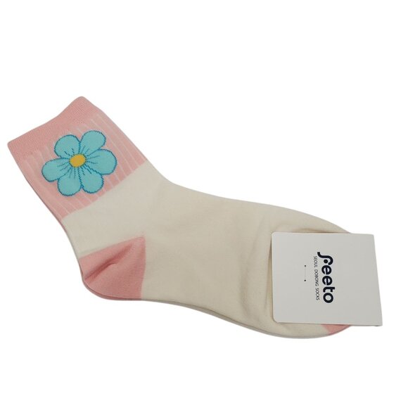 POL Baby Pink Hippie Flower Boho Kidcore Lolita Rib Flex Comfort Ankle‎ Socks - Picture 2 of 4